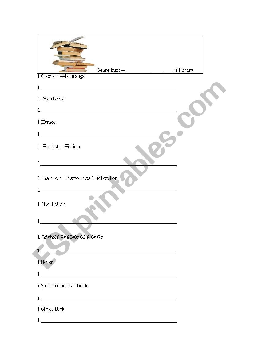 Book Genre Hunt + speaking activity