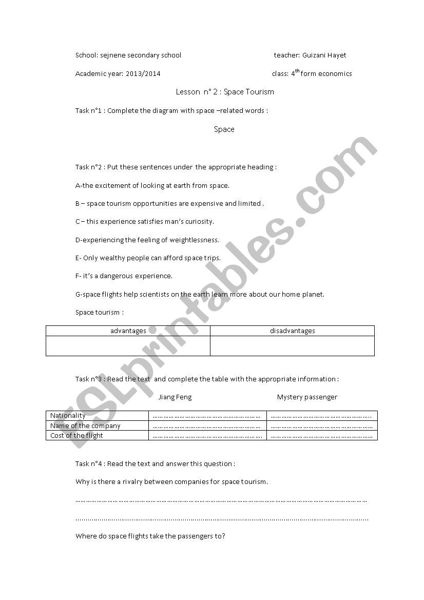 space tourism worksheet