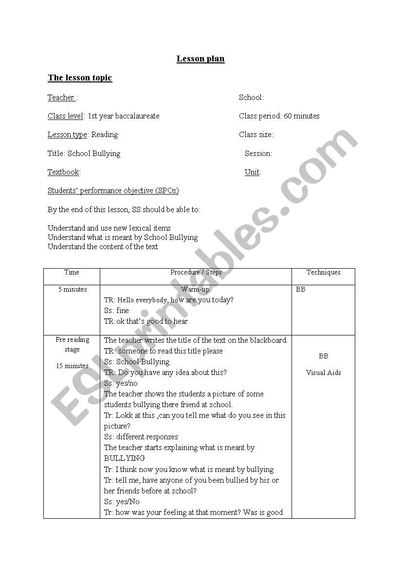 Lesson plan for teaching Reading comprehension