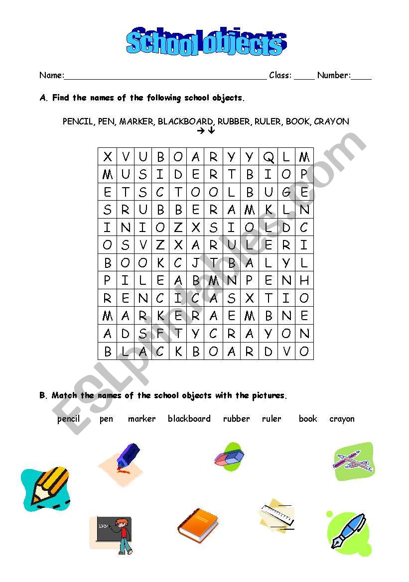 School objects worksheet