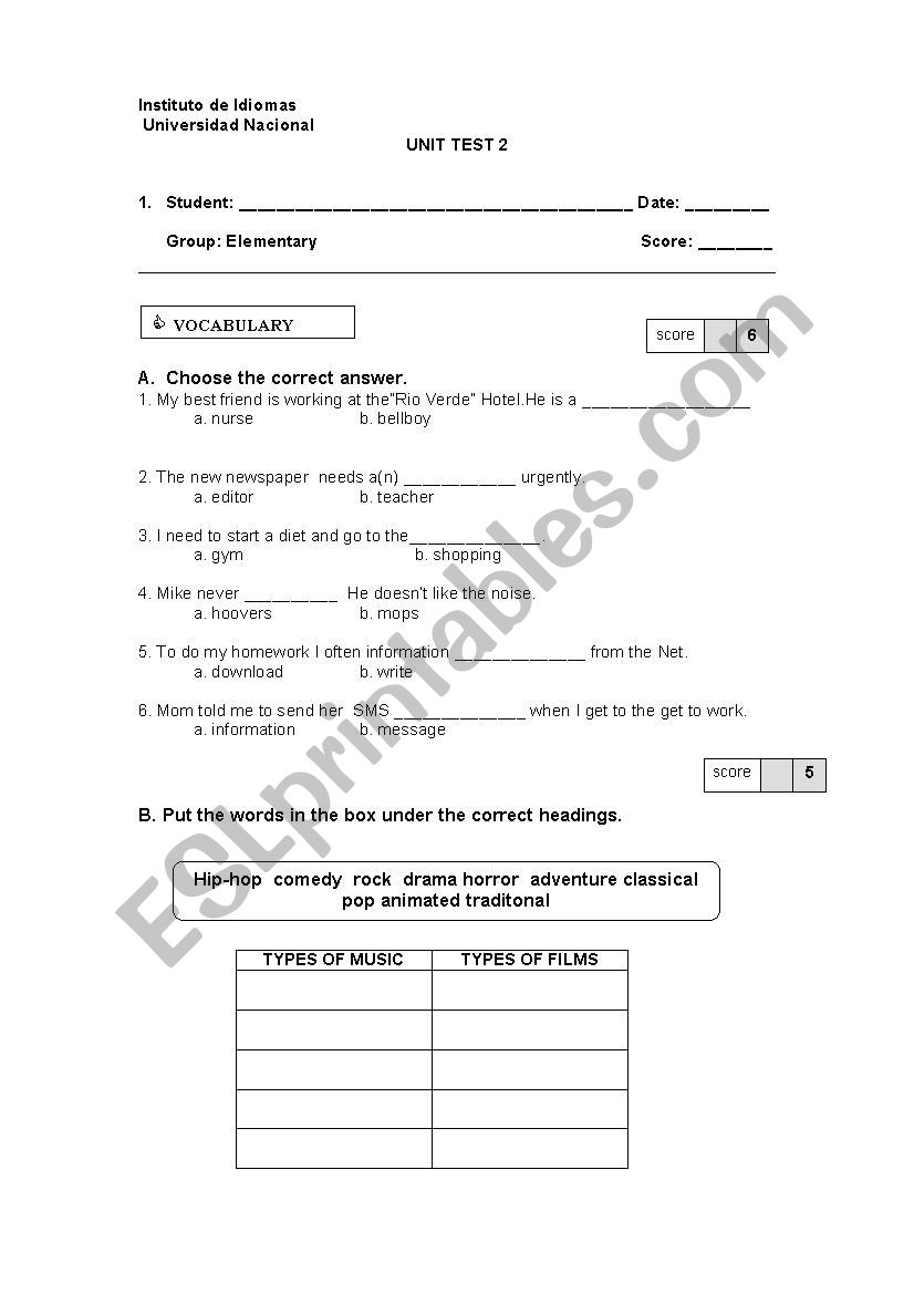 Complete Test worksheet