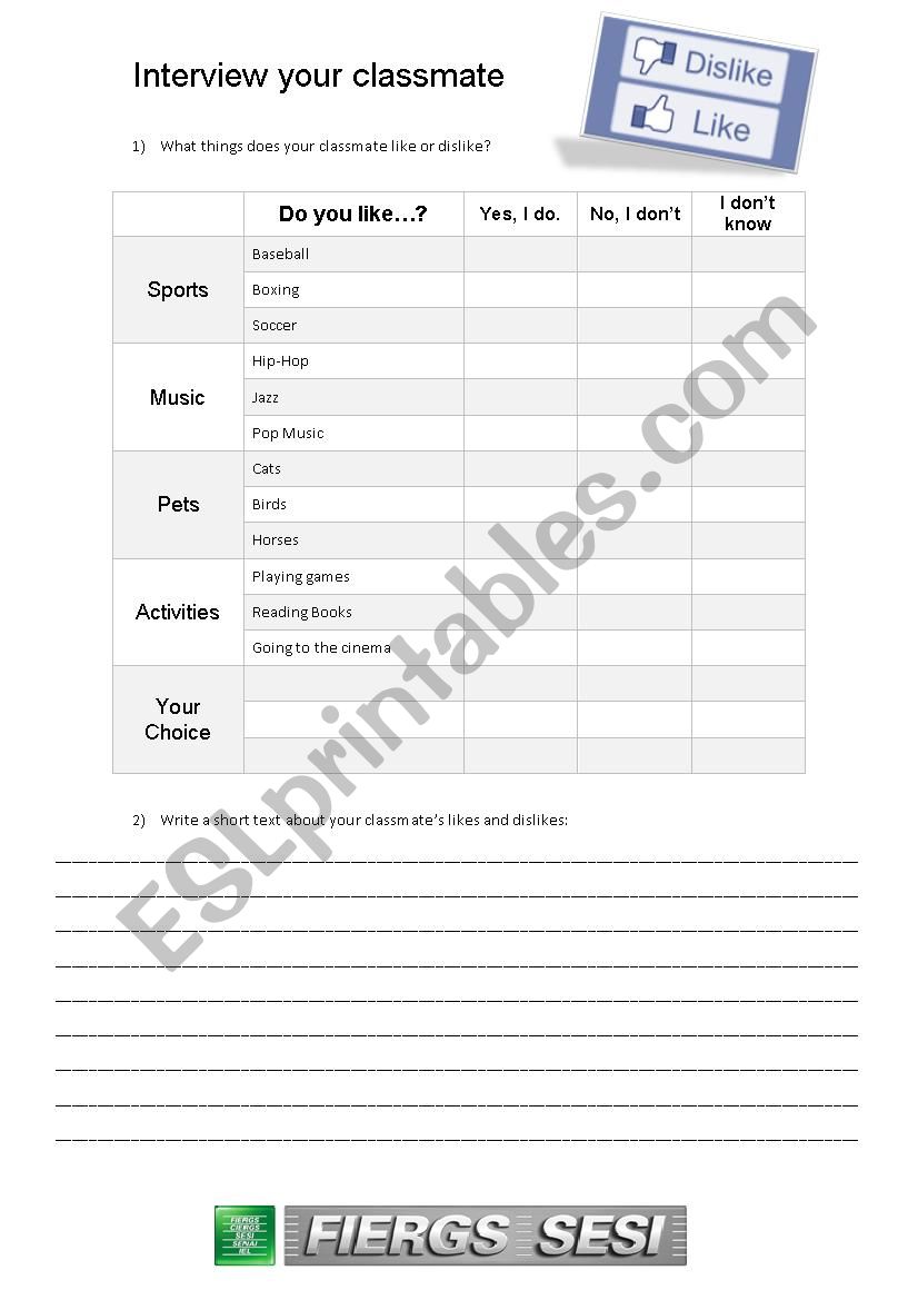 Likes and Dislikes Interview worksheet