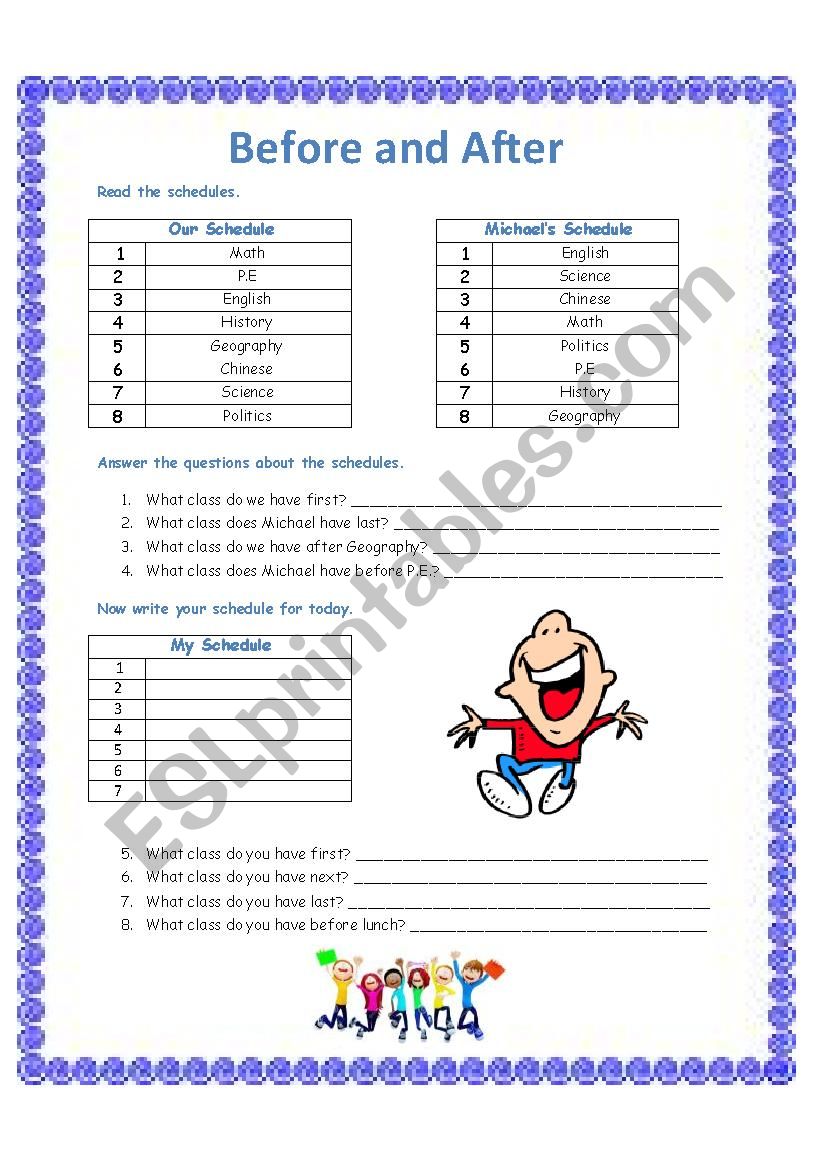 Before and After worksheet