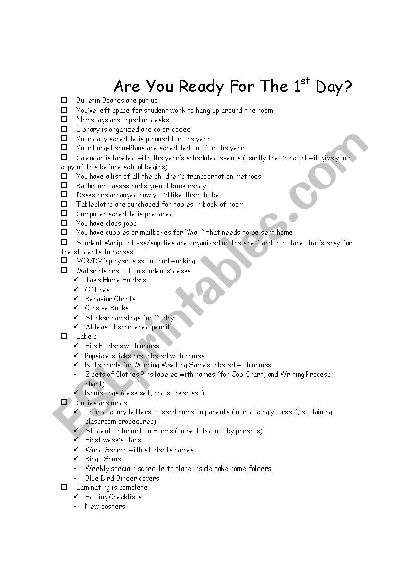first day checklist worksheet