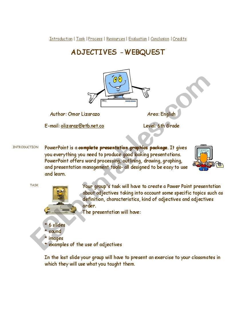 Adjectives - Webquest worksheet