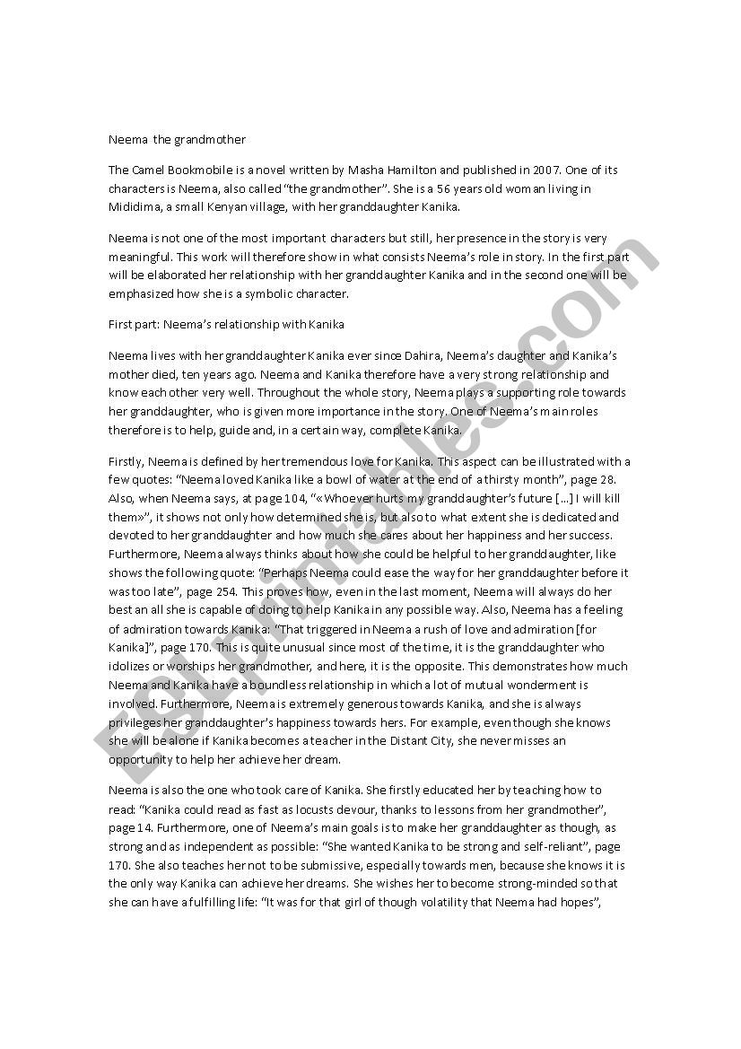 Neema the grandmother worksheet