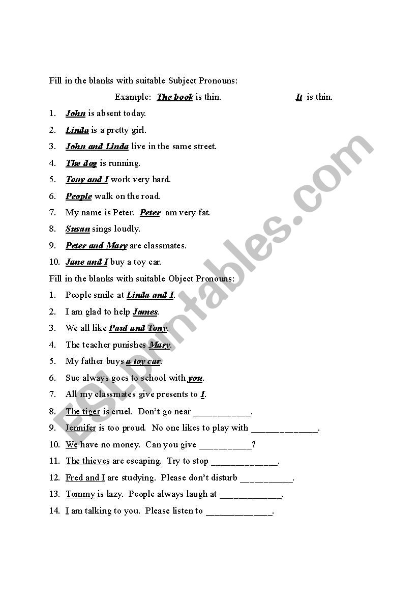 Subject and Object Pronouns worksheet