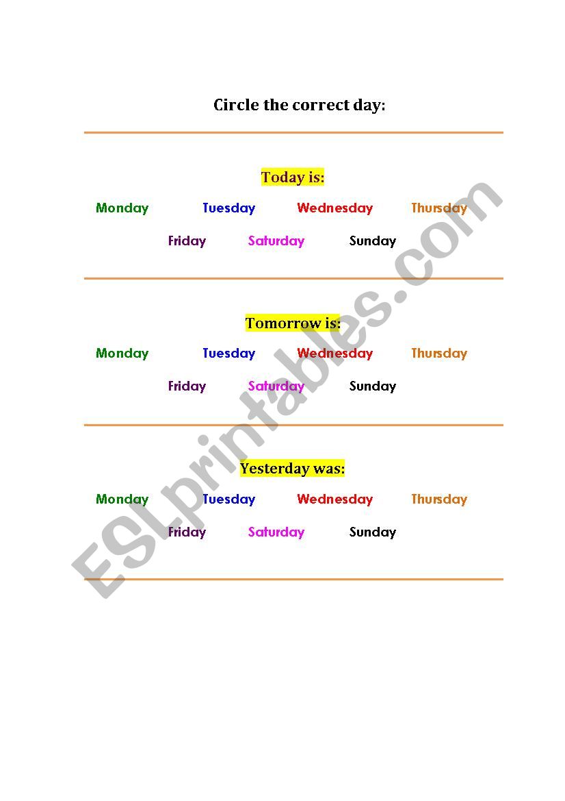 Circle the correct day worksheet