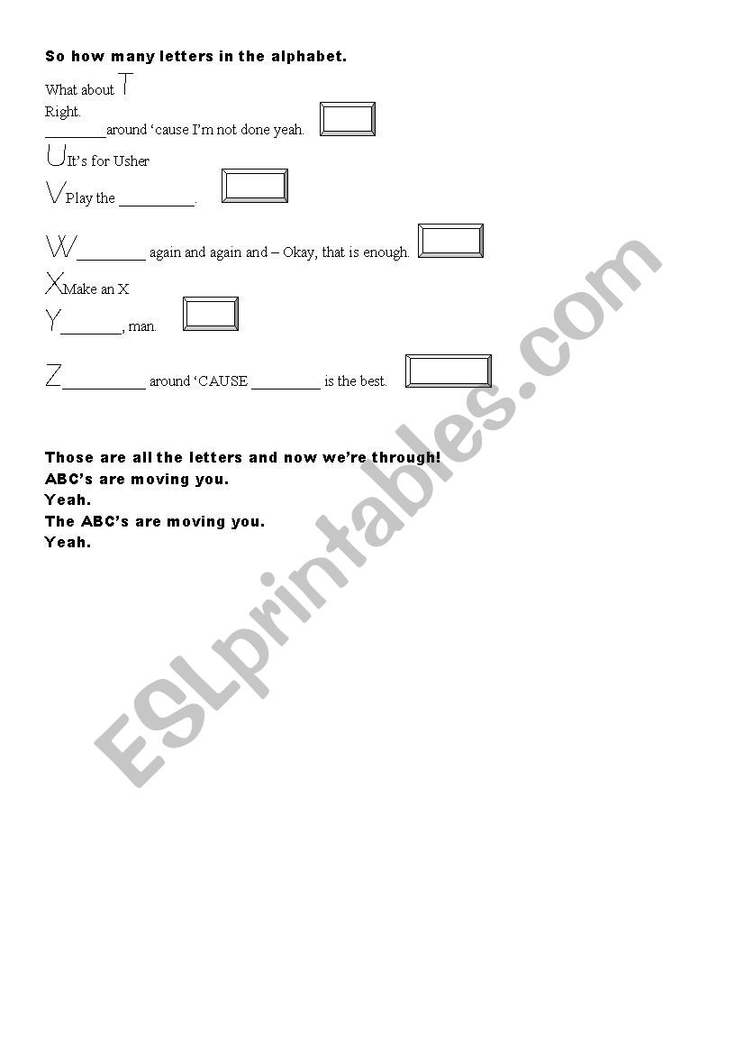 The Alphabet Song Usher Esl Worksheet By Carolinephelps