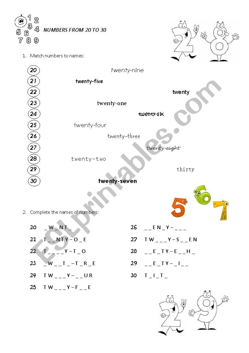 Numbers 20-30 worksheet