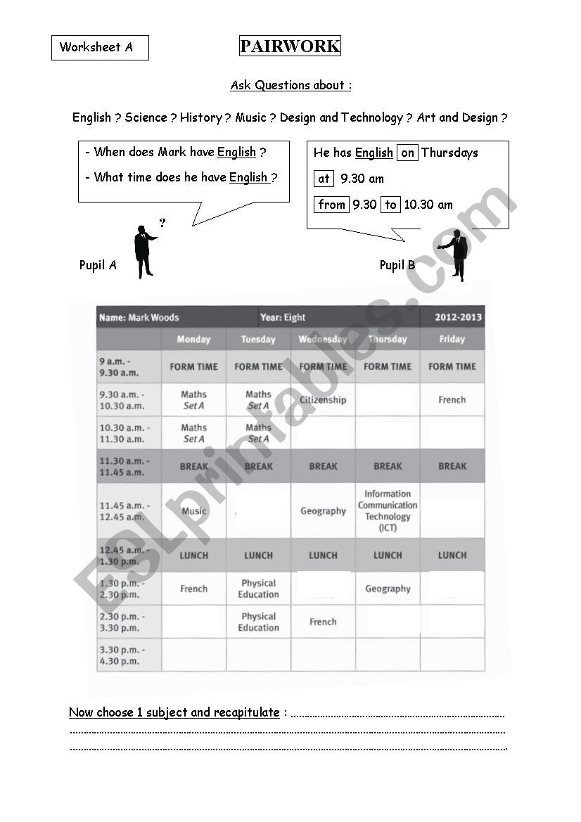 PAIRWORK on School TIMETABLE worksheet