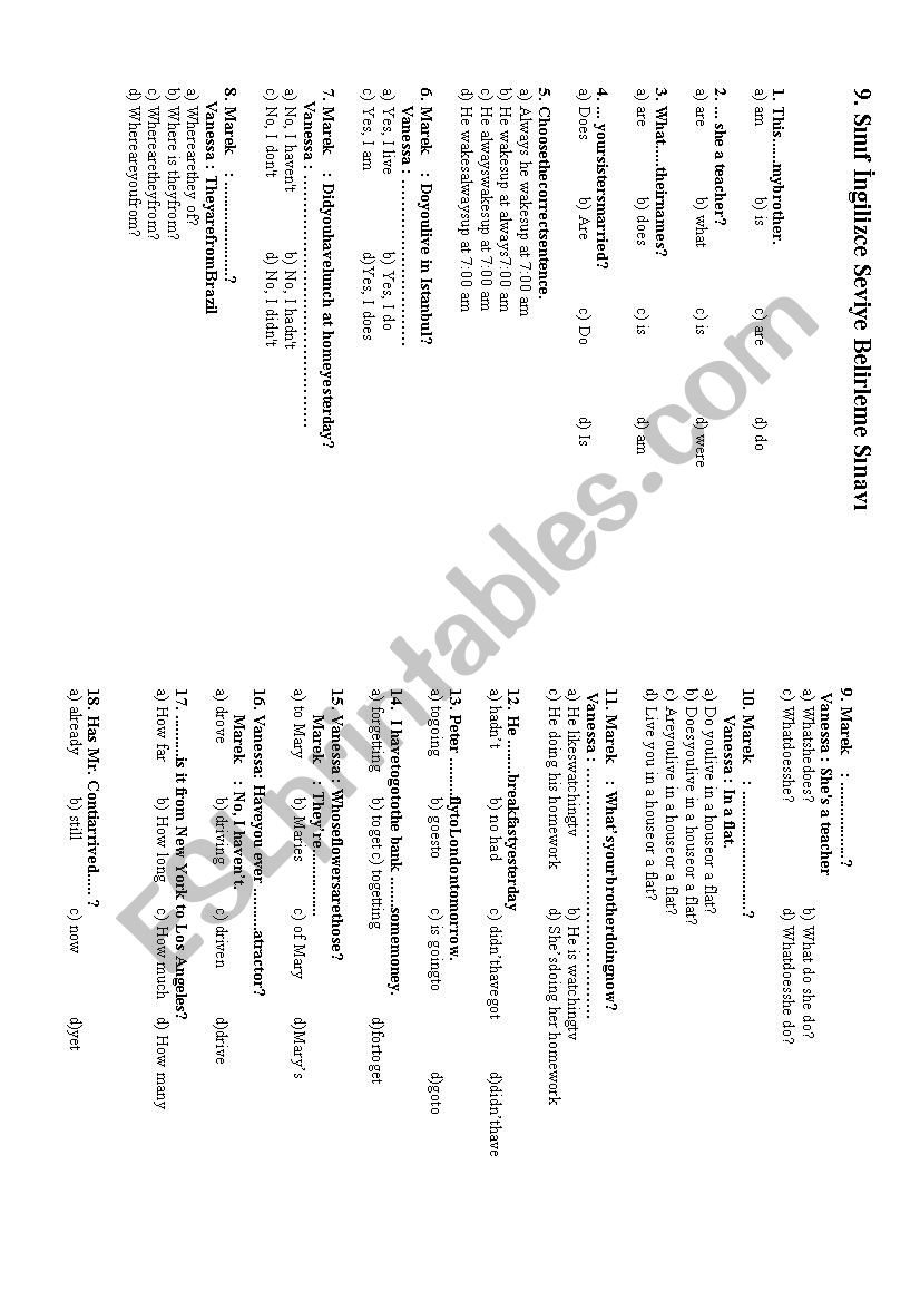 level test A1 A 2 worksheet