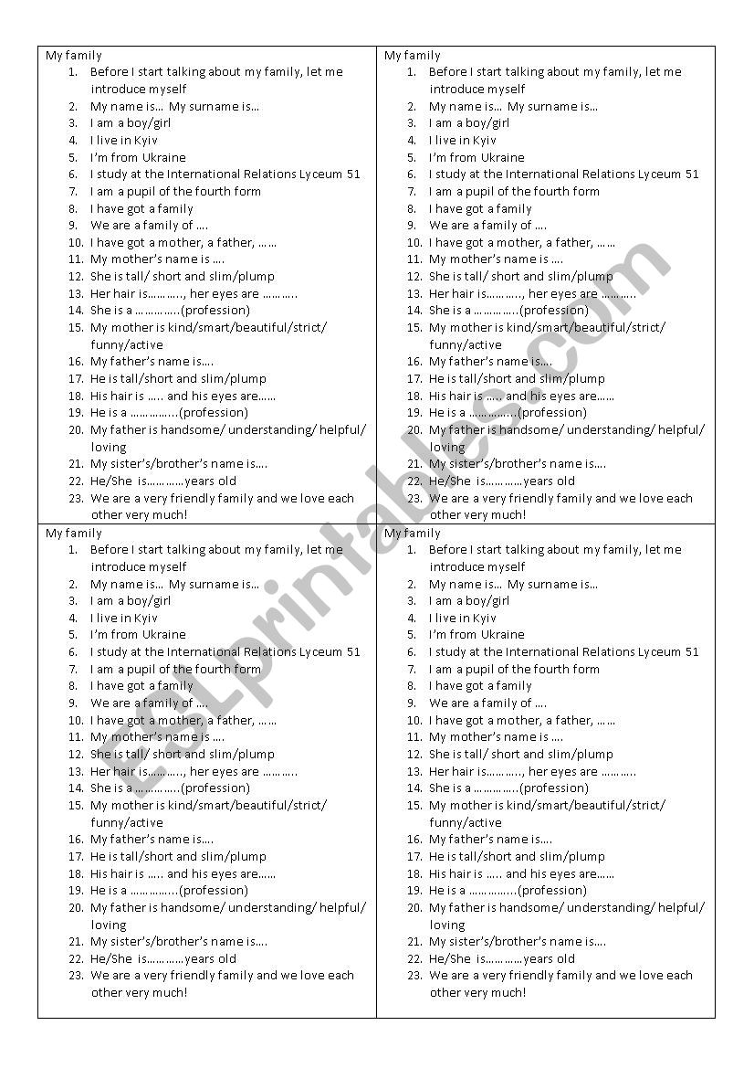 My Family topic worksheet