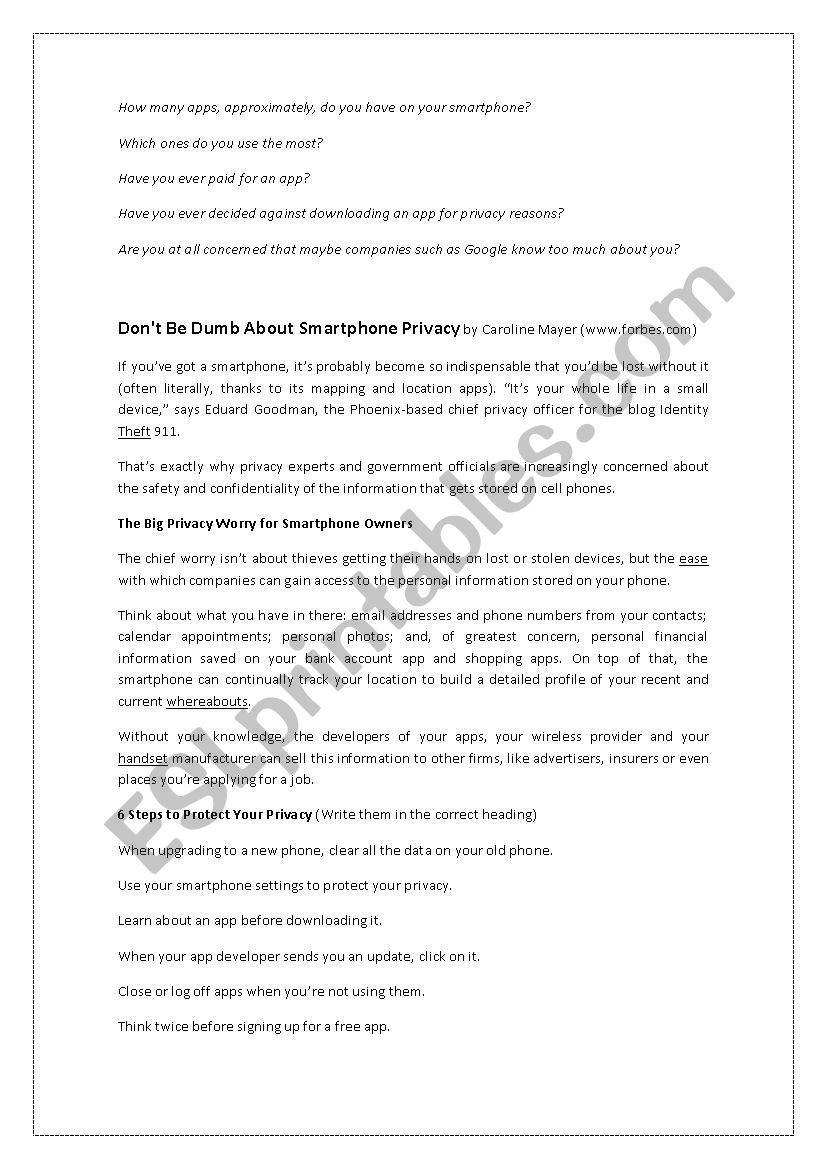 Smartphone privacy worksheet