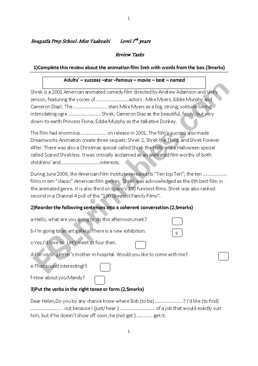 1st year post summer review worksheet