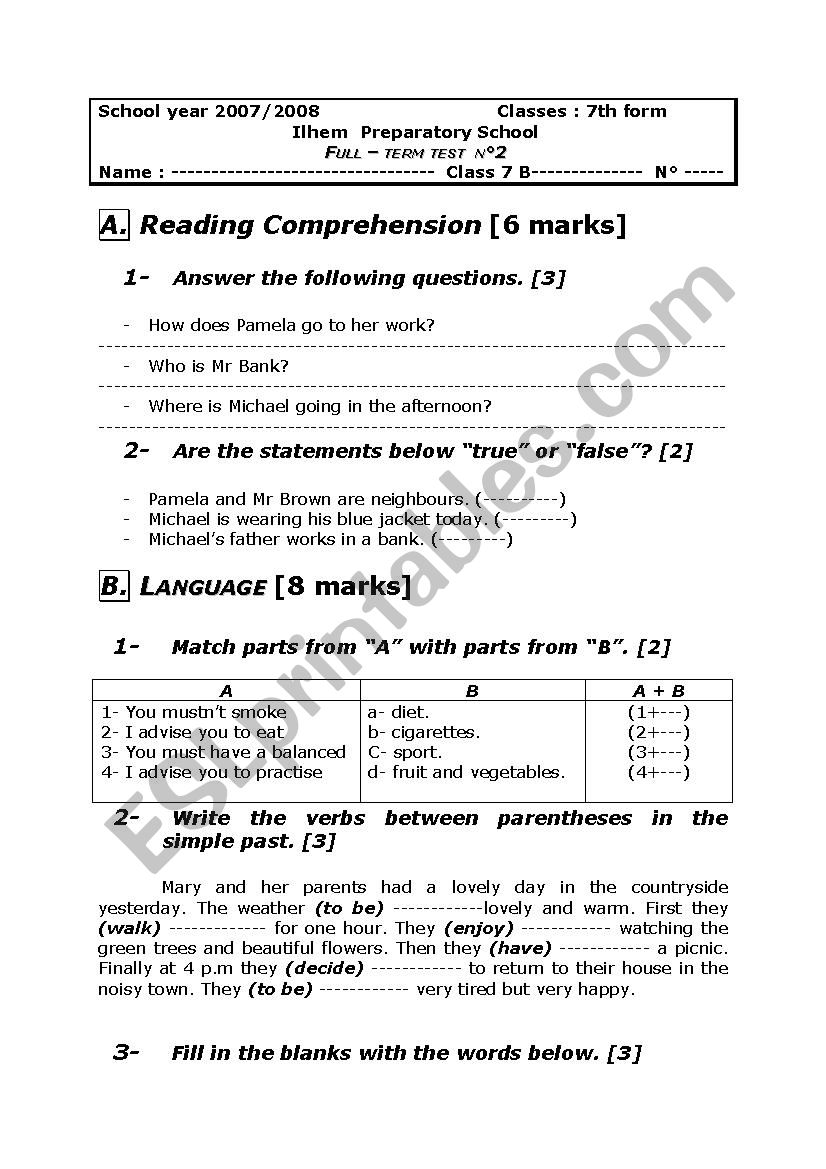 7th end of term test n2 worksheet