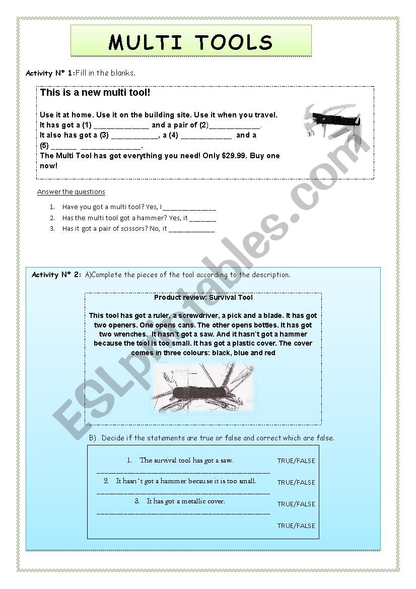 Multi Tools worksheet