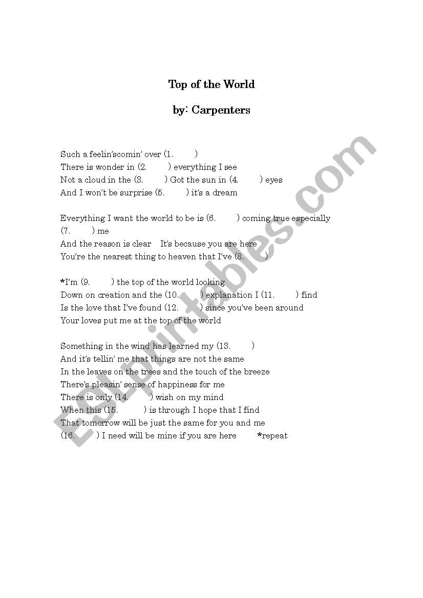 Top of the worldby Carpenters worksheet