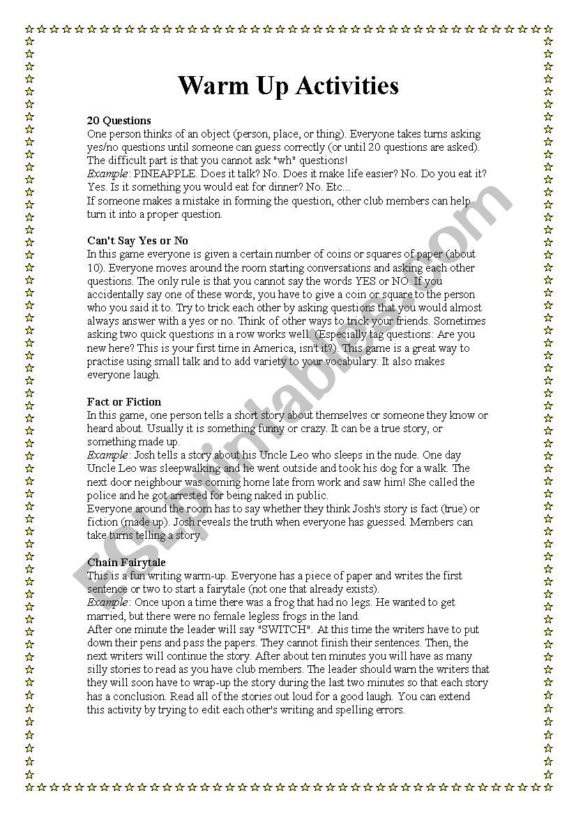 Warming up activities worksheet