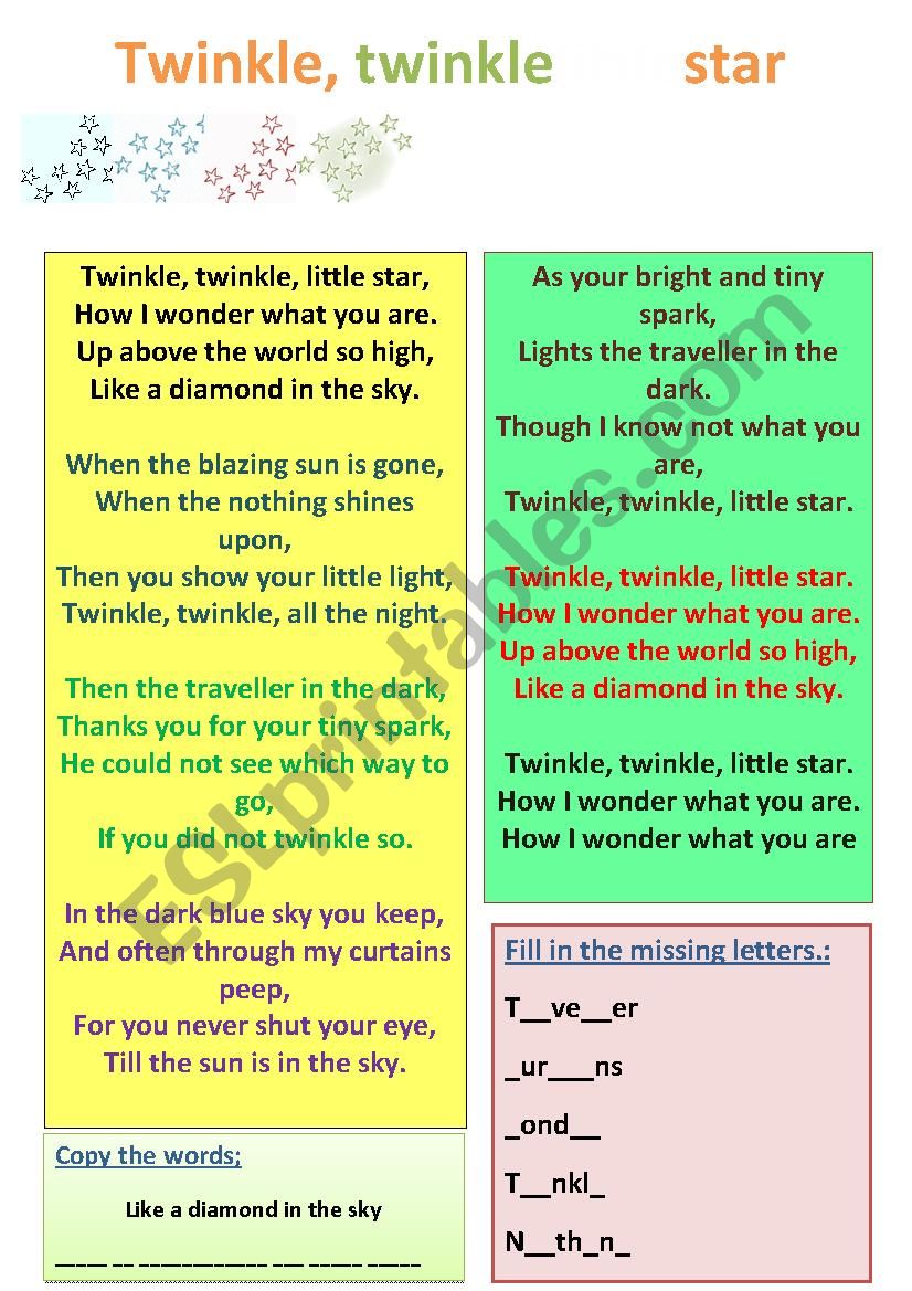 Twinkle Twinkle song and exercises, plus answer sheet.