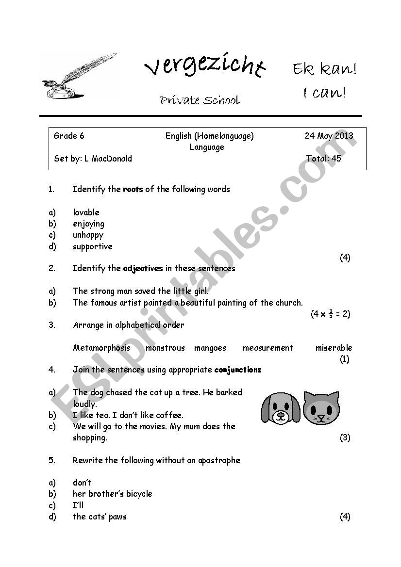 Language test grade 6 worksheet