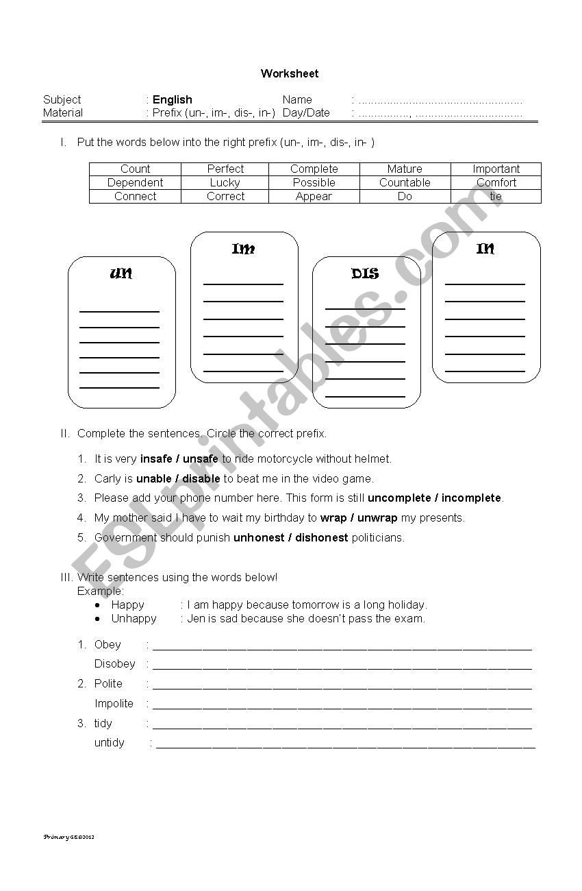 prefix worksheet