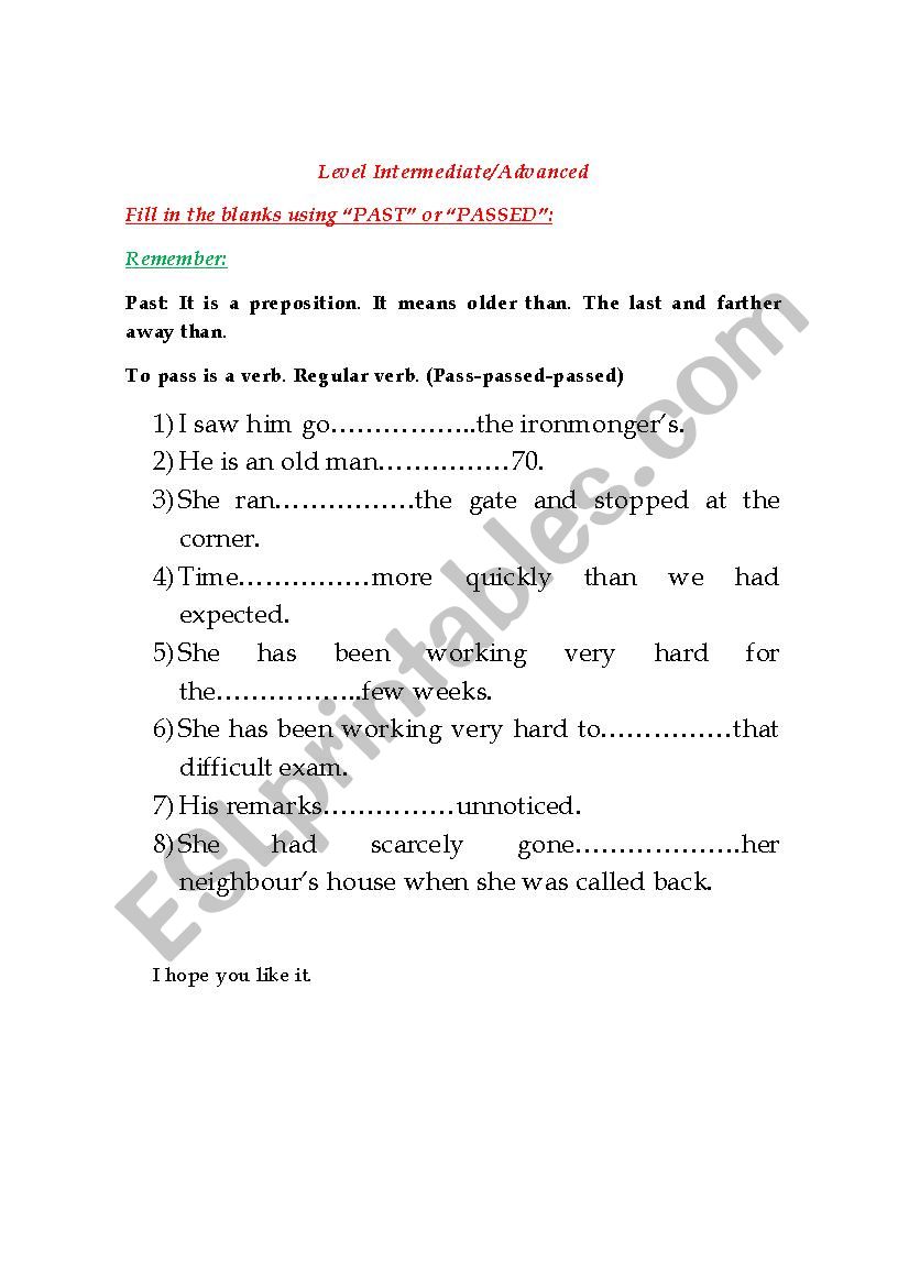 Pass or Past? worksheet