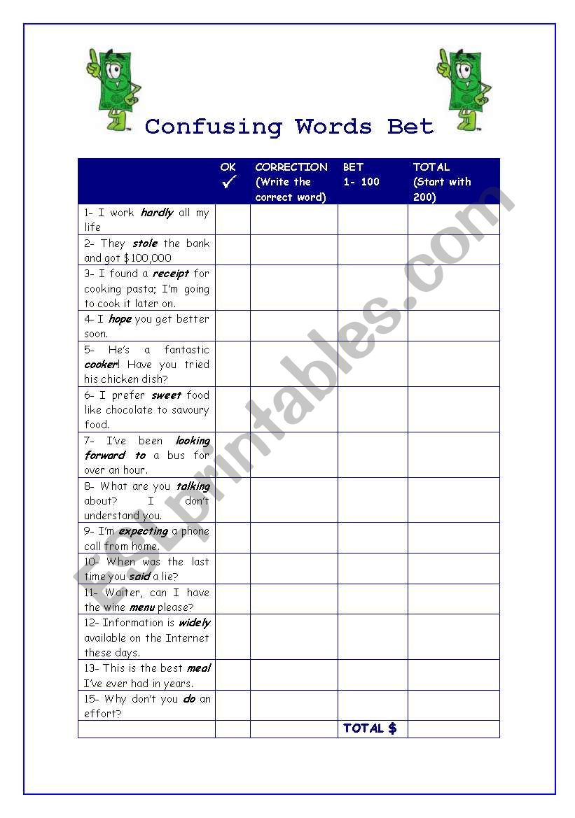 Confusing Words Bet worksheet