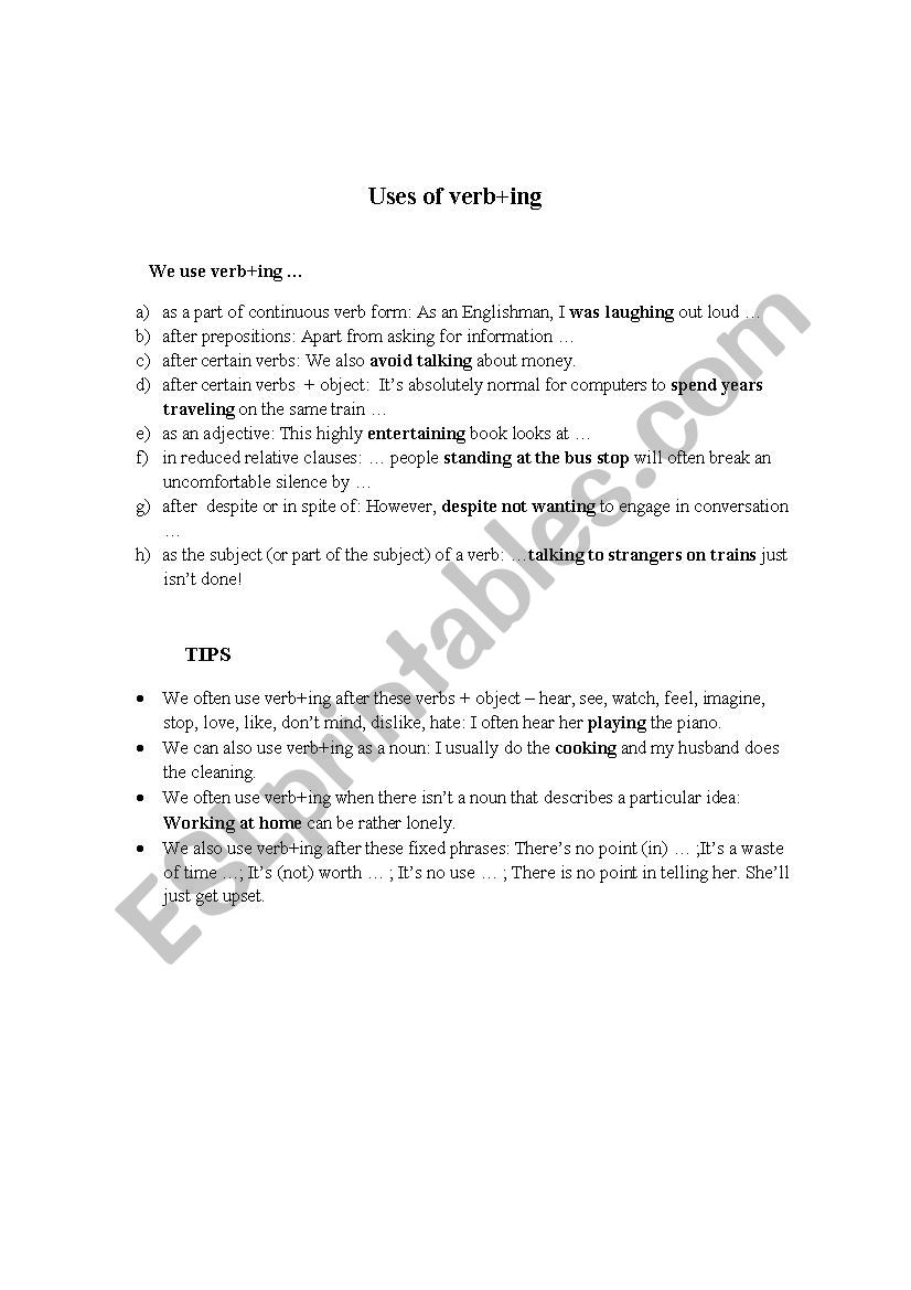 Uses of verb+ing worksheet