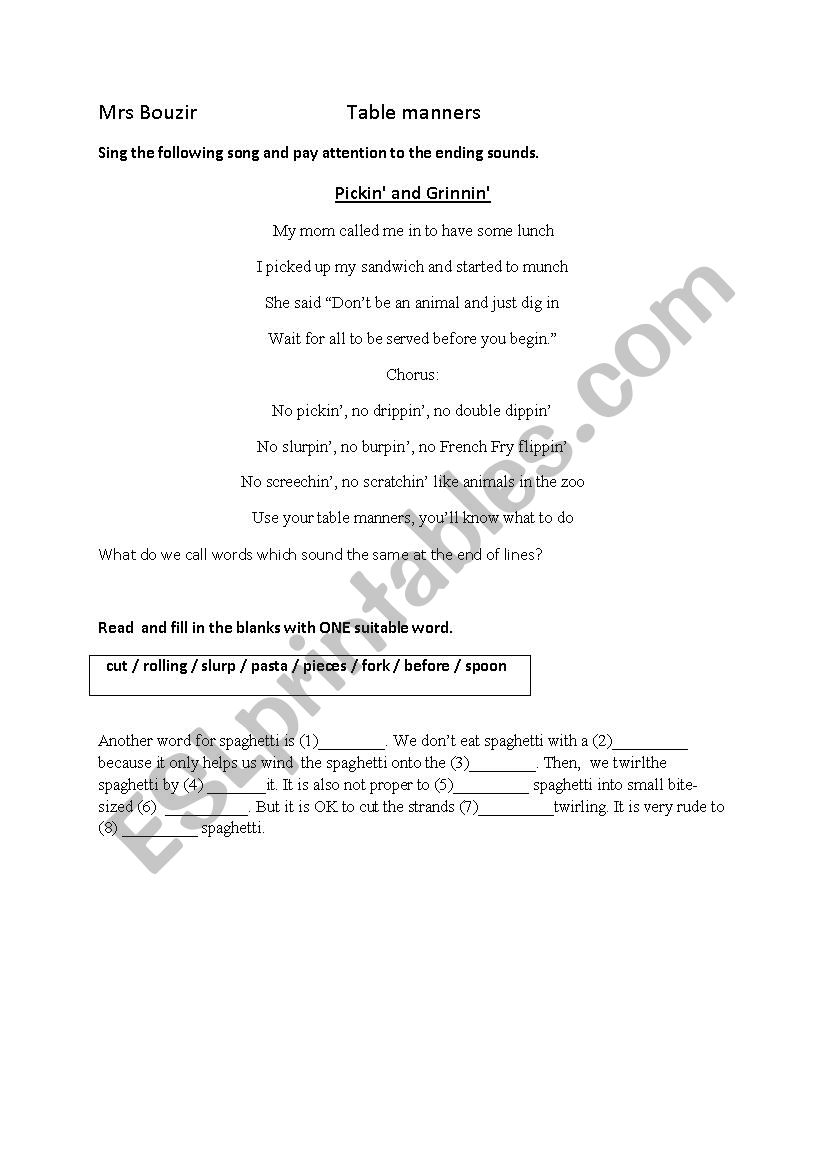 table manners a poem worksheet