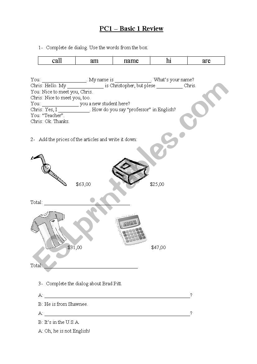 Review about personal information, school objects and prices