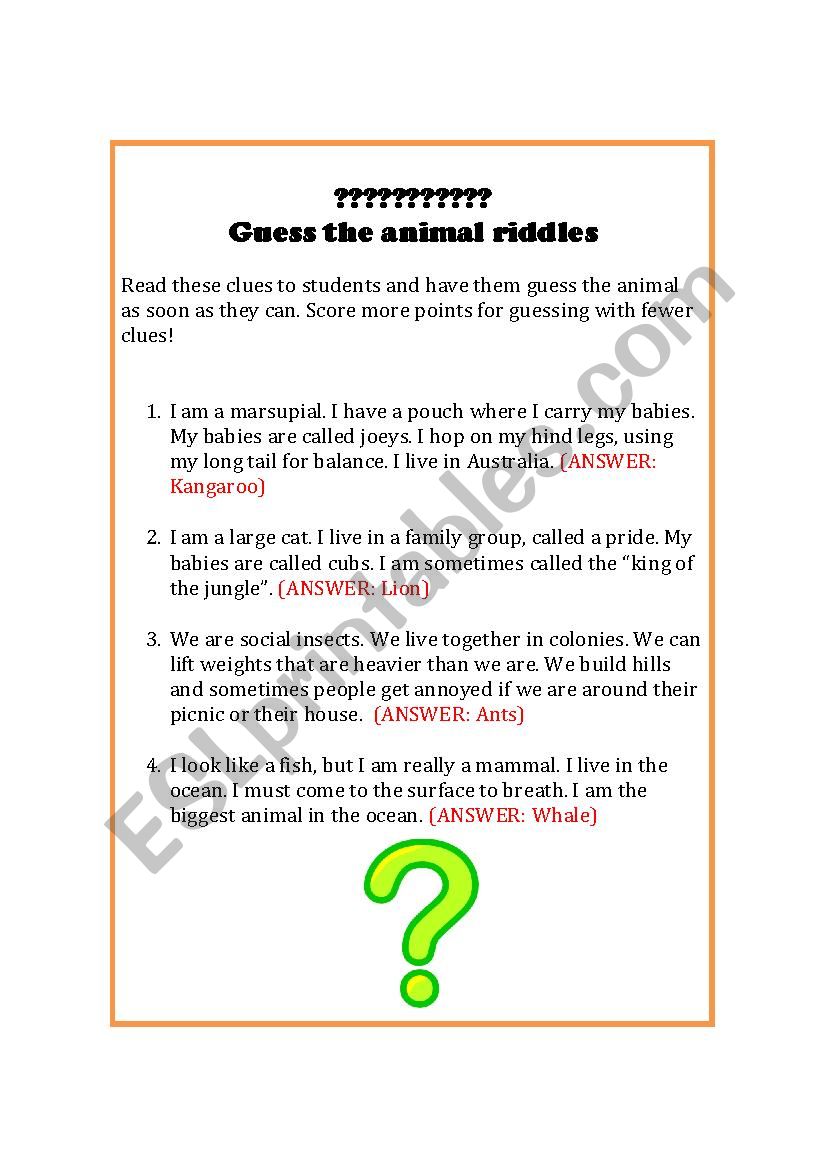 Guess the animal riddles worksheet
