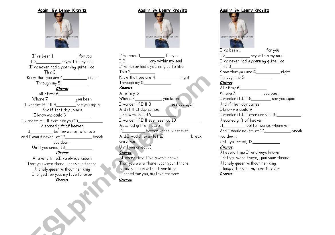 Again By Lenny Kravitz worksheet