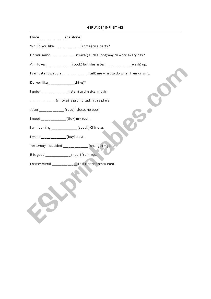 Gerunds infinitives exercise worksheet