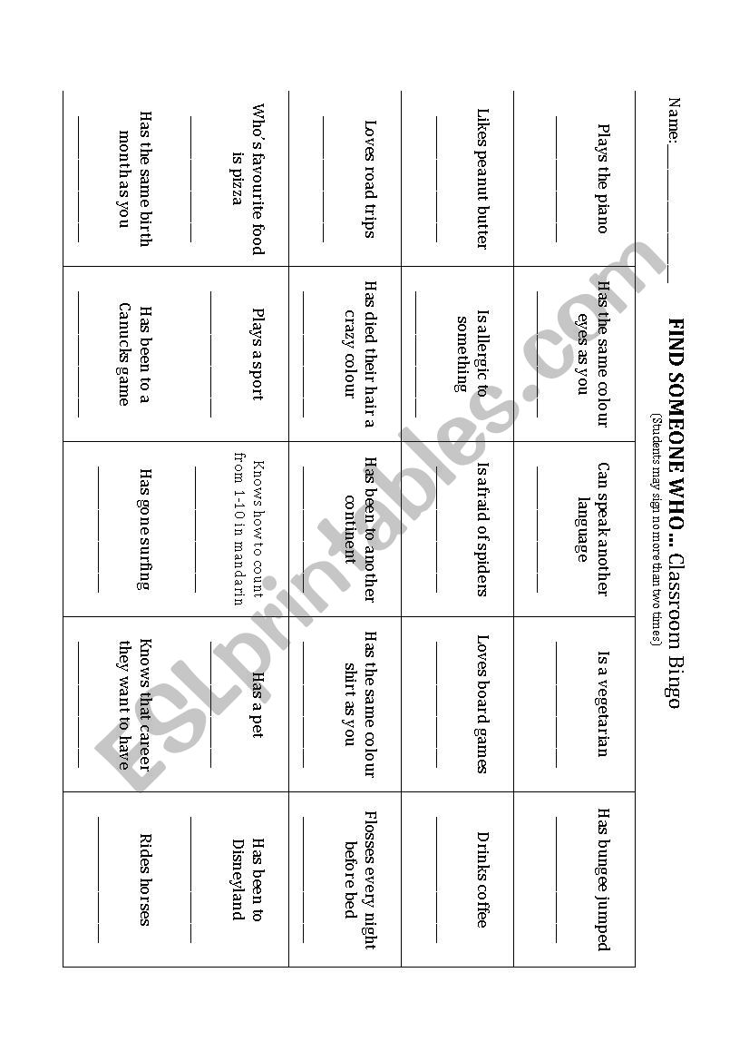 Get to Know You Bingo worksheet