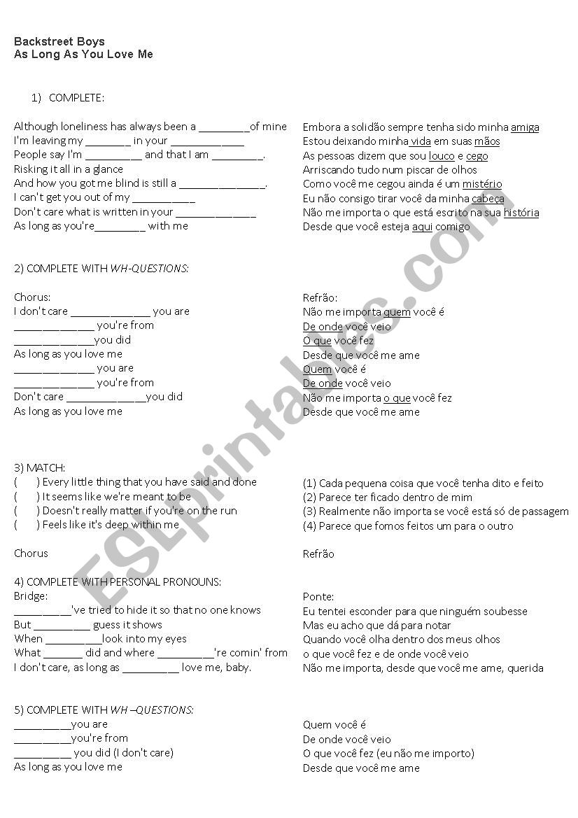 SONG ACTIVITY:  As Long As You Love Me - By Backstreet Boys