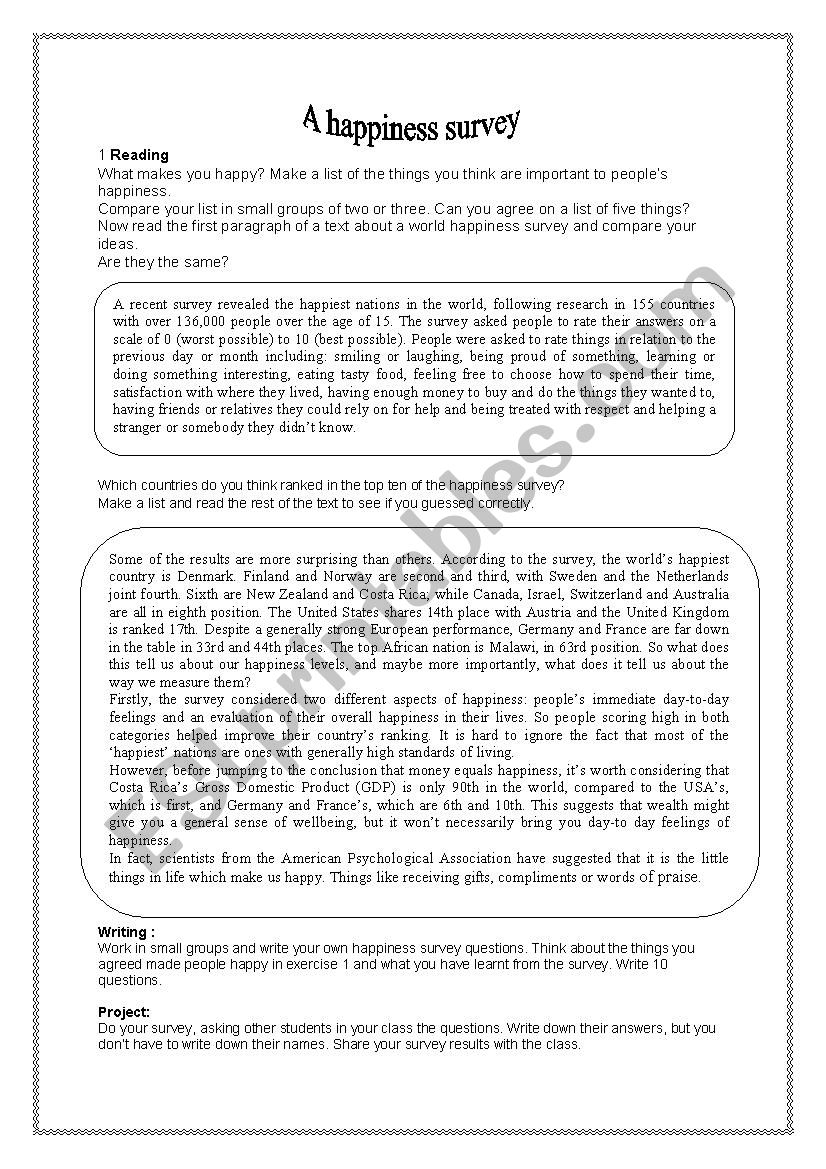 Happiness survey worksheet