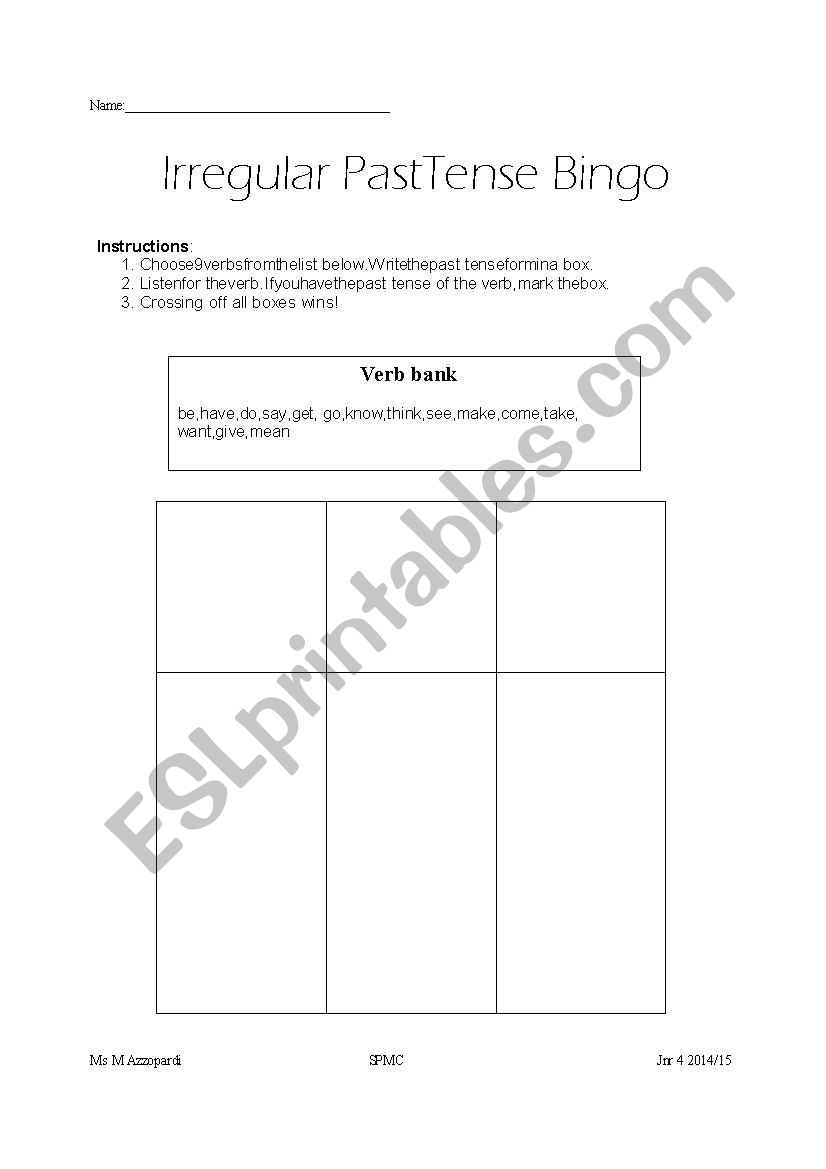 Irregular past tense bingo worksheet