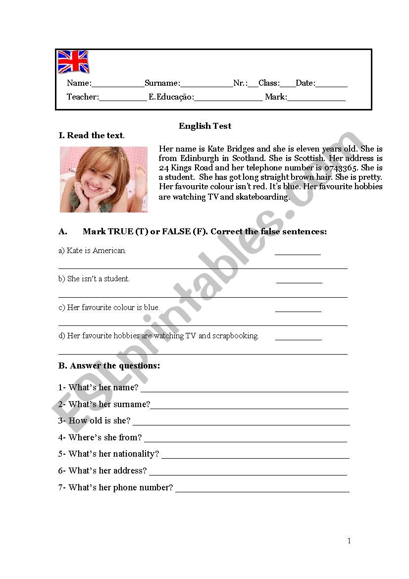 Test 6th form worksheet