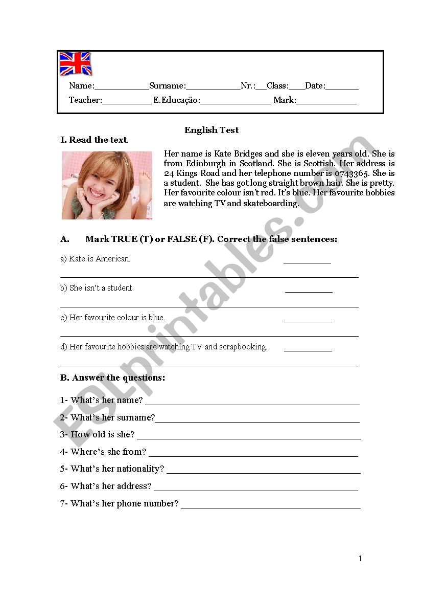 Test 6th form worksheet