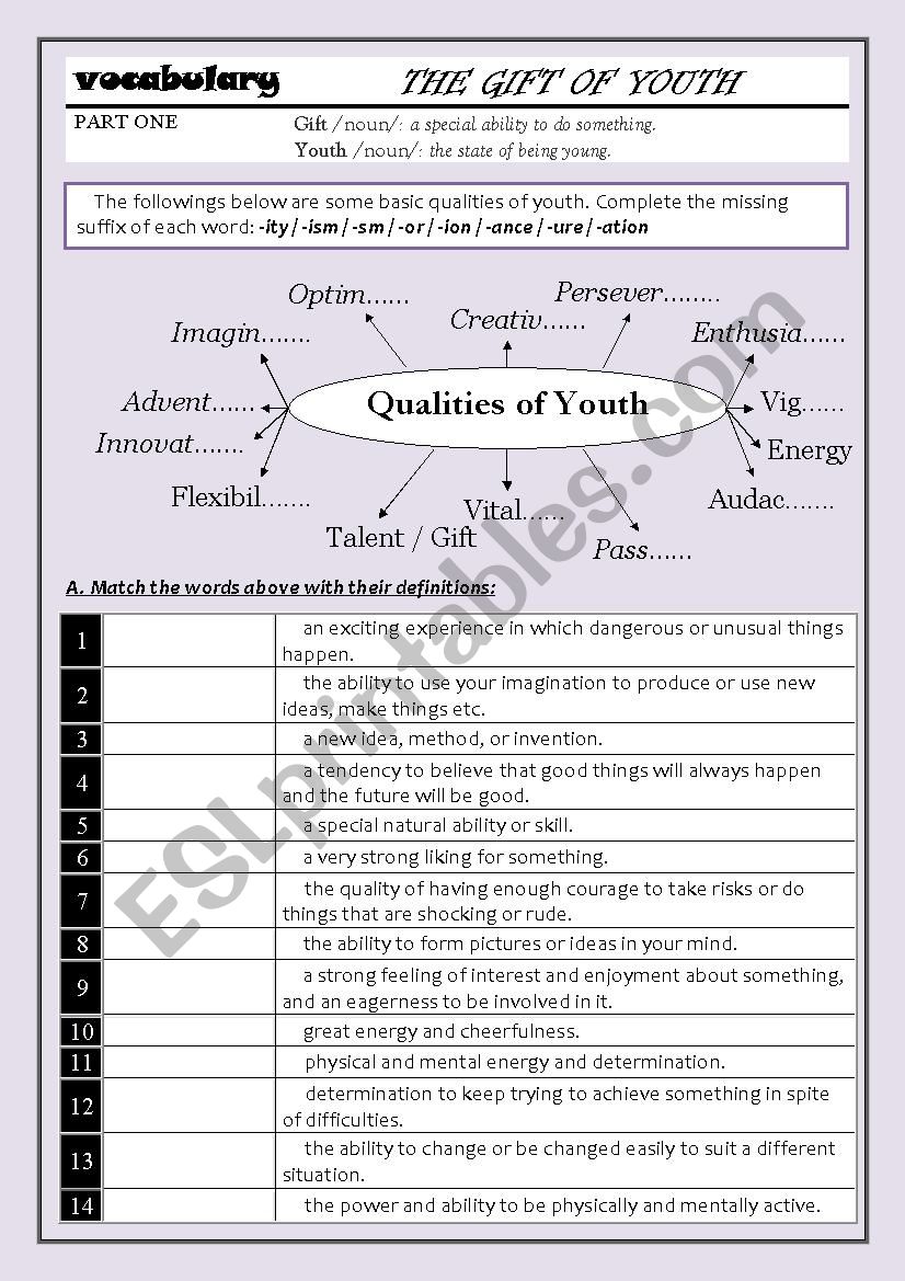 the gift of youth (PART ONE) worksheet