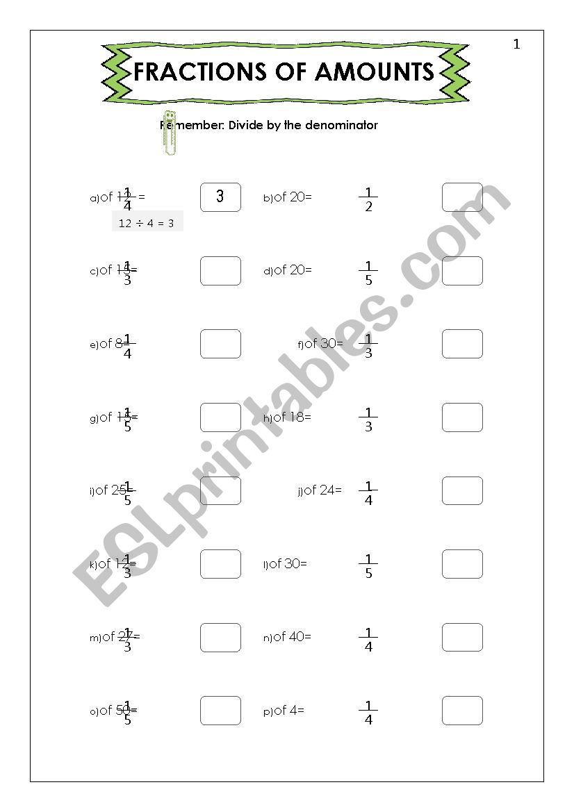 Fraction of Amounts worksheet