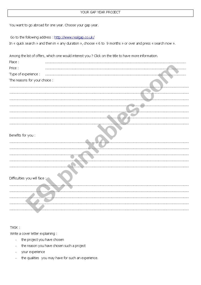 Your gap year project worksheet