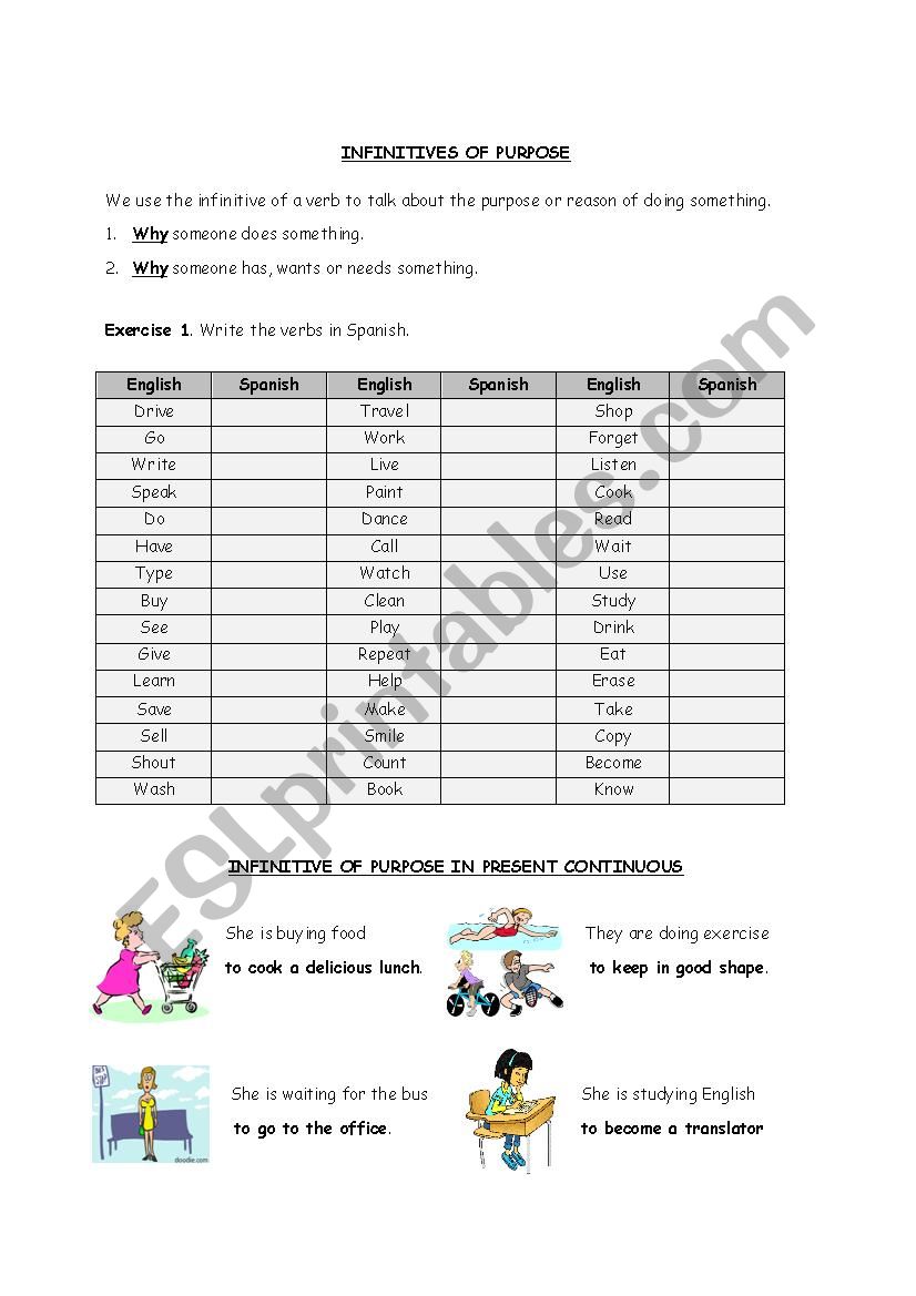 Infinitive of Purpose worksheet