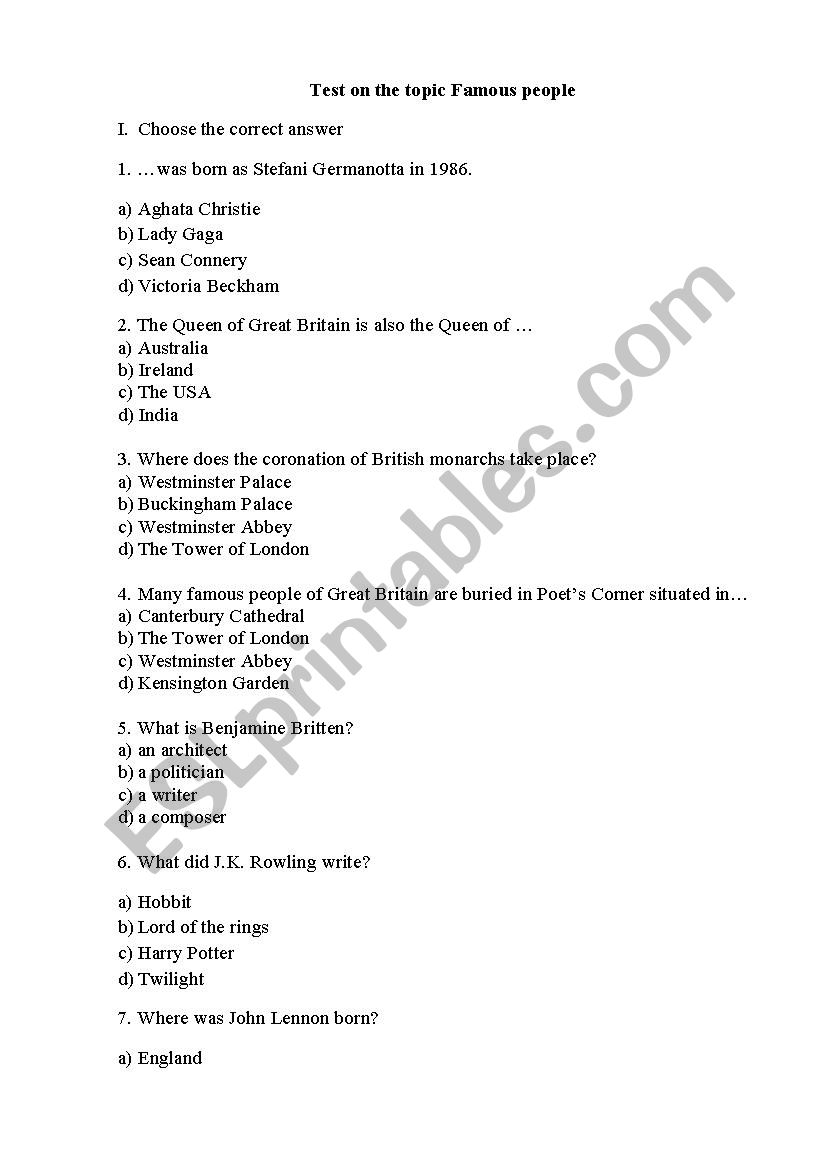 do the test on famous people worksheet