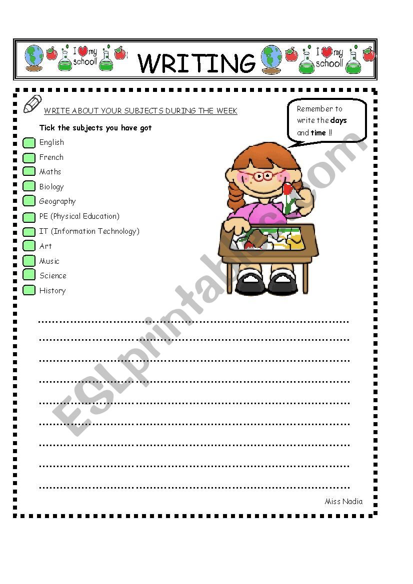 writing-school subjects worksheet