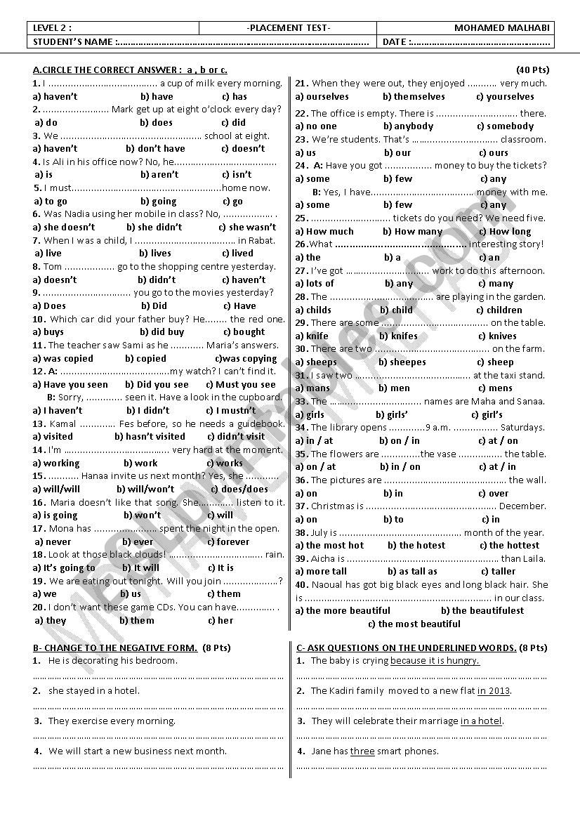 Placement test worksheet