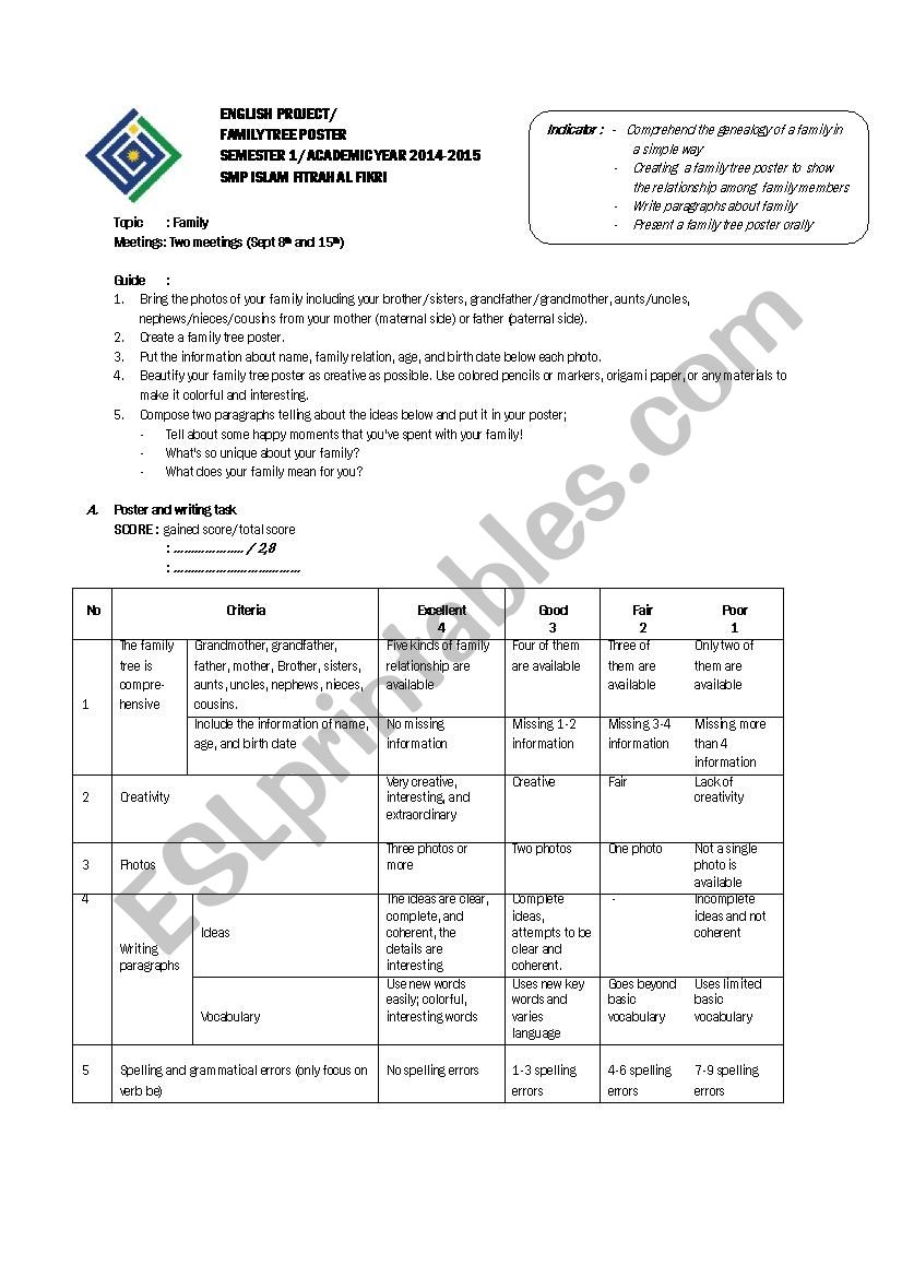 Family Tree Poster Rubric worksheet