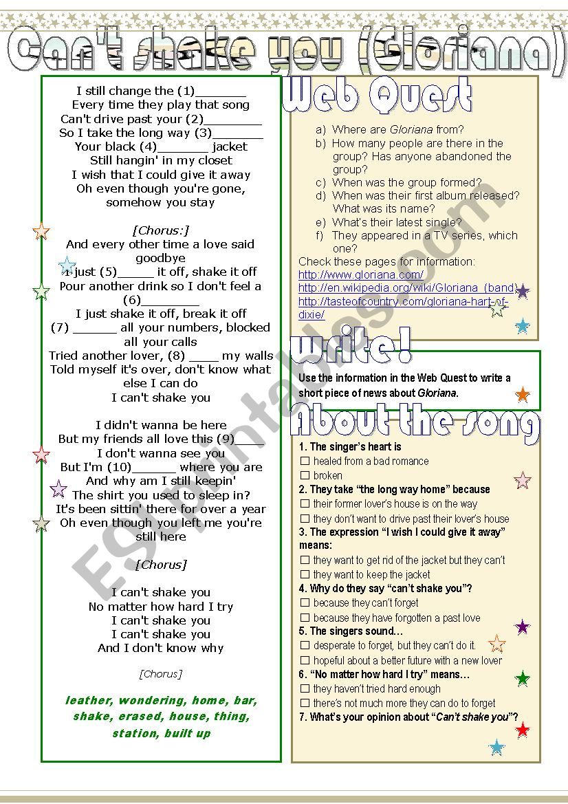 Cant shake you (Gloriana) worksheet