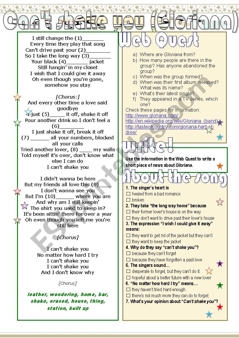 Cant shake you (Gloriana) worksheet